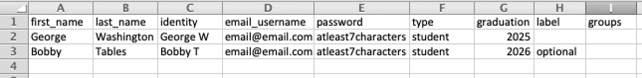 Screenshot of Single Educator License CSV file sample