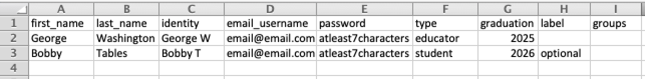 Screenshot of a sample CSV file for School License