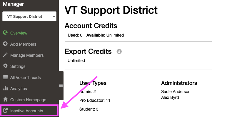 Screenshot of Manger navigation with arrow pointing to inactive accounts option