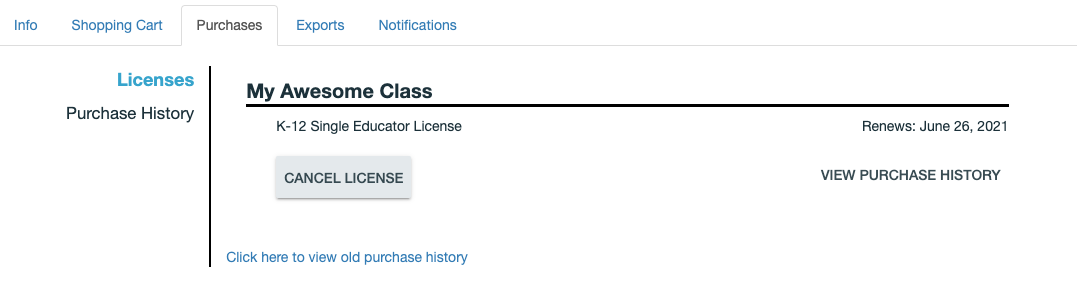 Screenshot of the purchases page with the Cancel License button displayed