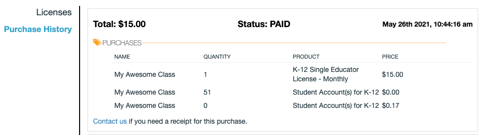 Screenshot of the purchase history page showing a p purchase of a monthly single instructor license.