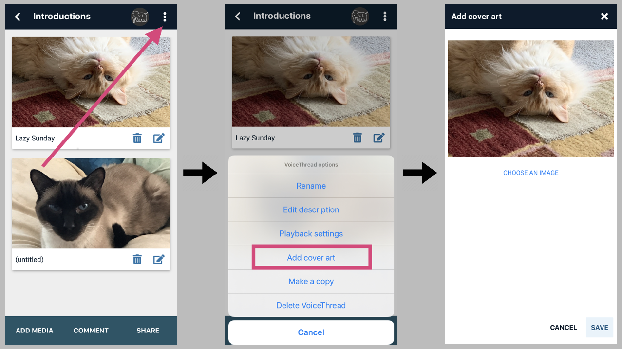 Screenshot of the flow to add cover art to a VoiceThread on the edit page