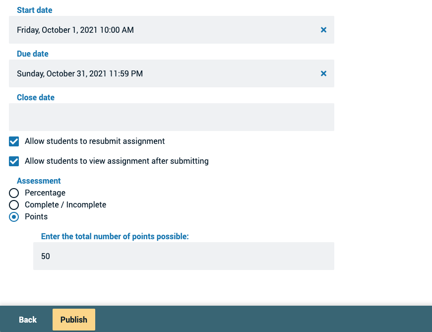 Screenshot of the finalize page showing the assignment name and assignment details fields