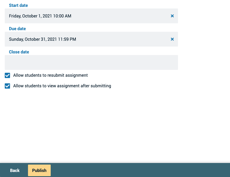 Screenshot of the finalize page with the assignment title and description fields