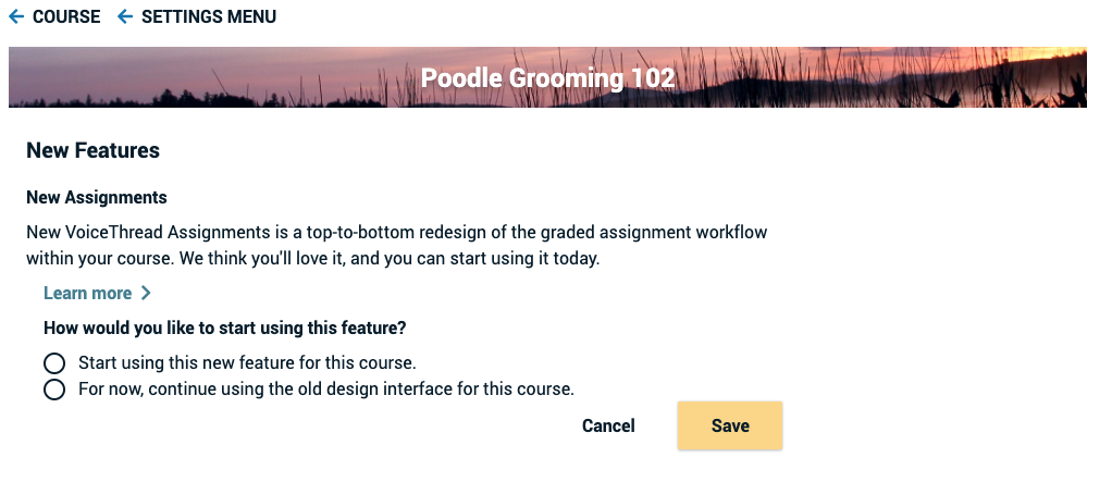 Screenshot of the interface for enabling new assignments for an individual course