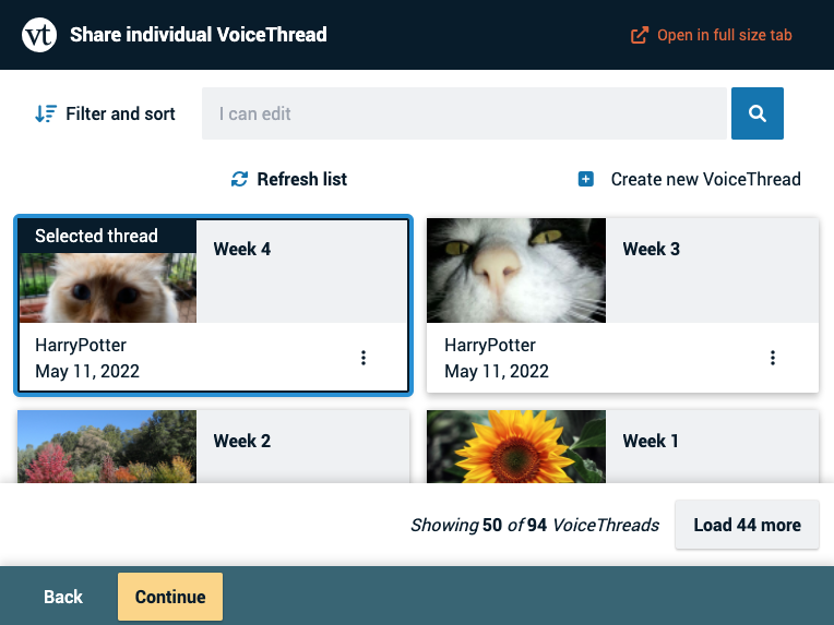 Screenshot of the thread selector page