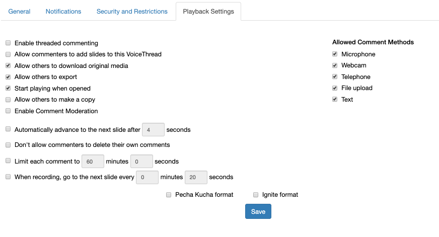 Screenshot of playback settings