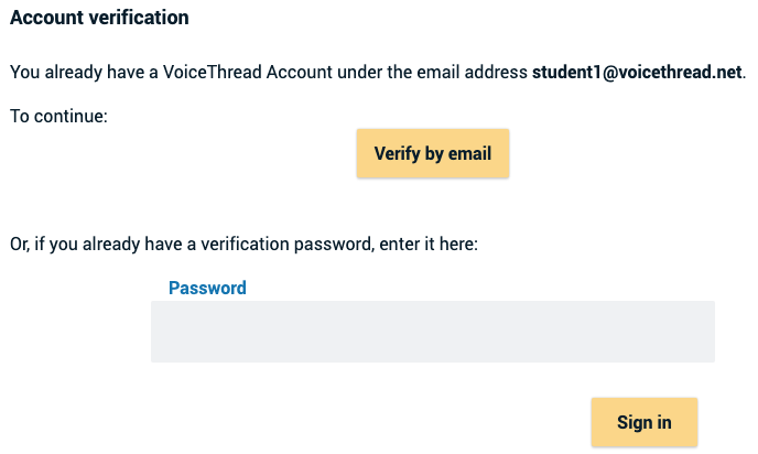 Screenshot of the account verification page