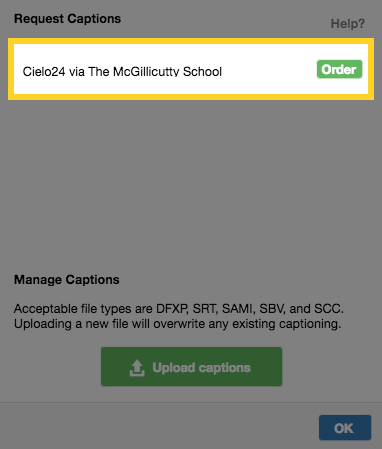 Screenshot of the closed caption order button
